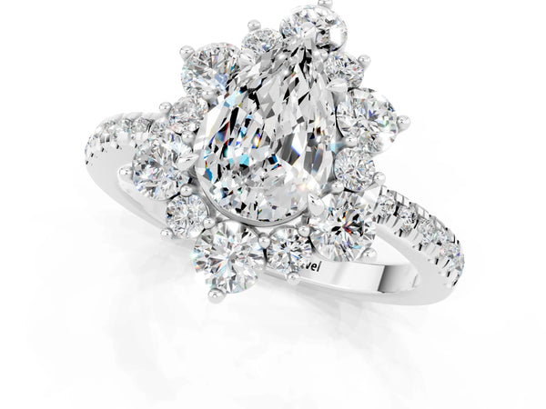 Platinum Pear Cut Moissanite Floral Halo Ring with Round Pavé Band and Prong Setting