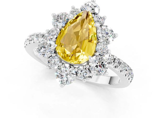 Silver Pear Cut Yellow Sapphire Floral Halo Ring with Round Pavé Band and Prong Setting