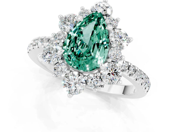 Platinum Pear Cut Green Sapphire Floral Halo Ring with Round Pavé Band and Prong Setting