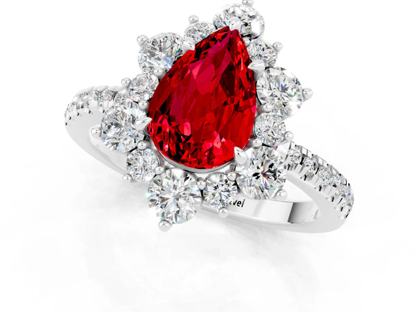 Platinum Pear Cut Ruby Floral Halo Ring with Round Pavé Band and Prong Setting