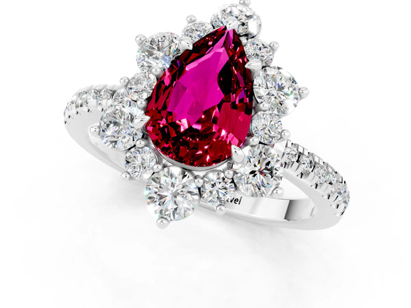 Silver Pear Cut Garnet Floral Halo Ring with Round Pavé Band and Prong Setting