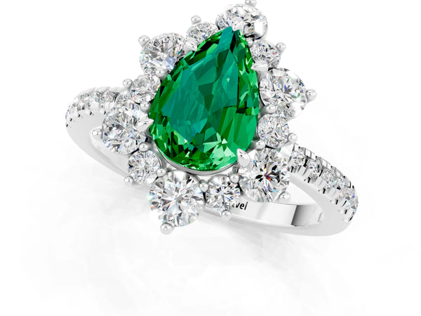 Silver Pear Cut Emerald Floral Halo Ring with Round Pavé Band and Prong Setting