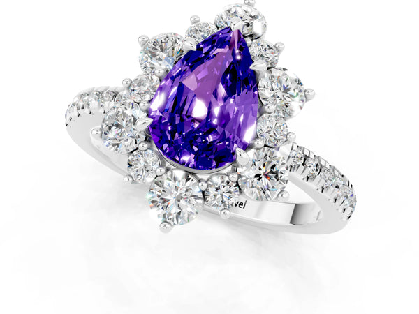 White gold Pear Cut Tanzanite Floral Halo Ring with Round Pavé Band and Prong Setting