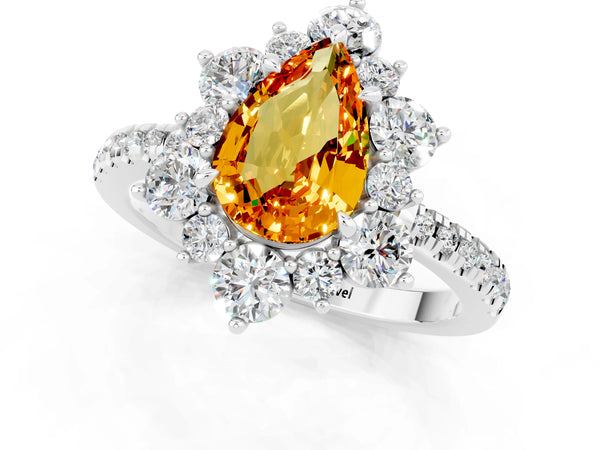 Platinum Pear Cut Citrine Floral Halo Ring with Round Pavé Band and Prong Setting