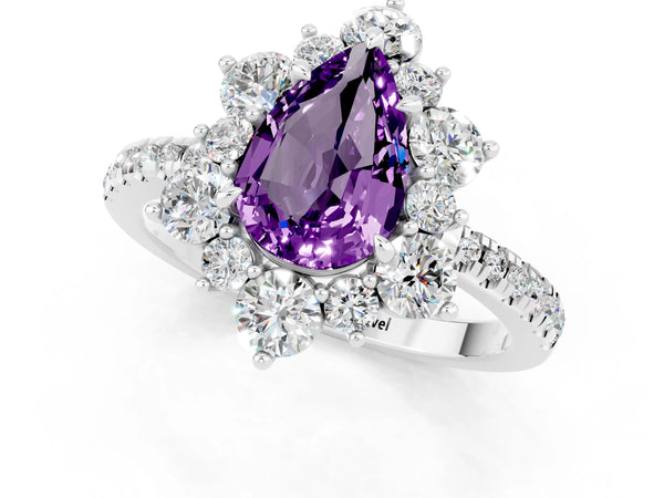 Silver Pear Cut Amethyst Floral Halo Ring with Round Pavé Band and Prong Setting
