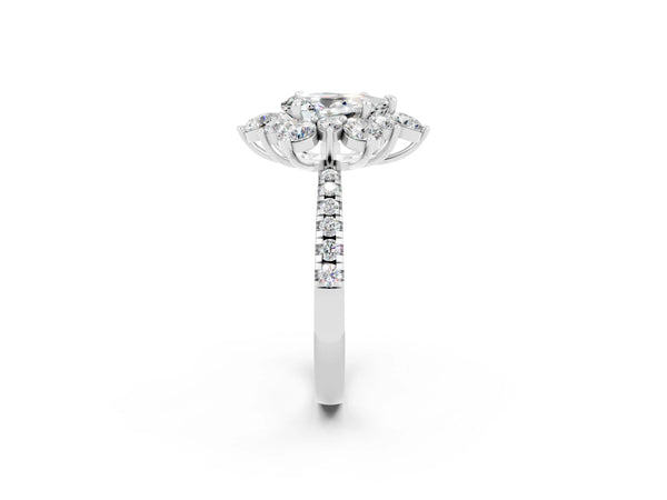 Silver Pear Cut Moissanite Floral Halo Ring with Round Pavé Band and Prong Setting