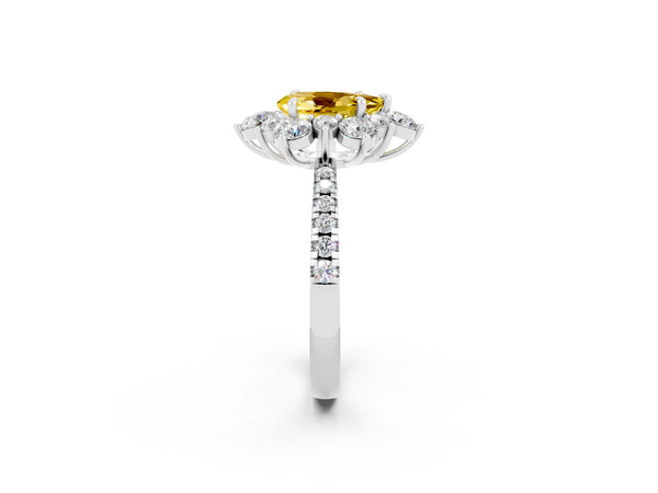 White gold Pear Cut Yellow Sapphire Floral Halo Ring with Round Pavé Band and Prong Setting