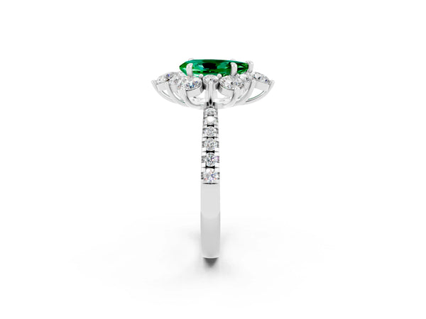Silver Pear Cut Emerald Floral Halo Ring with Round Pavé Band and Prong Setting