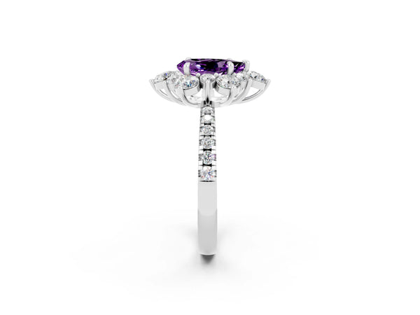 White gold Pear Cut Amethyst Floral Halo Ring with Round Pavé Band and Prong Setting