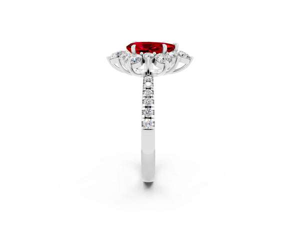 White gold Pear Cut Ruby Floral Halo Ring with Round Pavé Band and Prong Setting