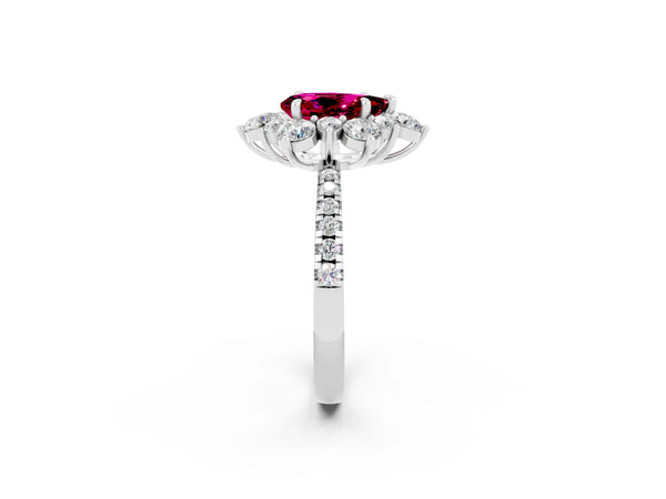Silver Pear Cut Garnet Floral Halo Ring with Round Pavé Band and Prong Setting