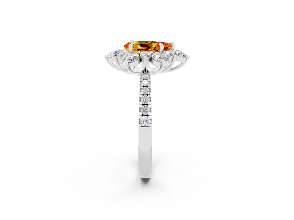 Silver Pear Cut Citrine Floral Halo Ring with Round Pavé Band and Prong Setting