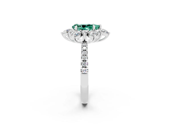 White gold Pear Cut Green Sapphire Floral Halo Ring with Round Pavé Band and Prong Setting