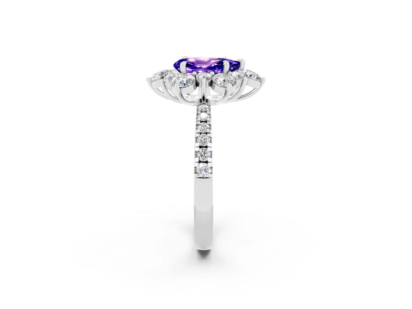 White gold Pear Cut Tanzanite Floral Halo Ring with Round Pavé Band and Prong Setting