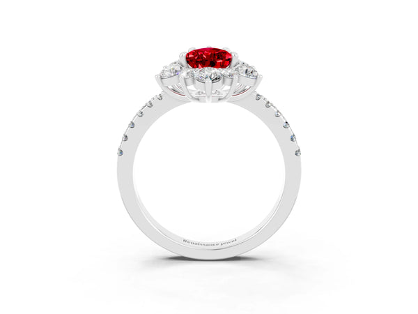 Platinum Pear Cut Ruby Floral Halo Ring with Round Pavé Band and Prong Setting
