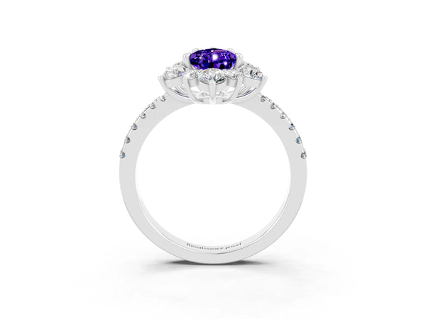 Silver Pear Cut Tanzanite Floral Halo Ring with Round Pavé Band and Prong Setting