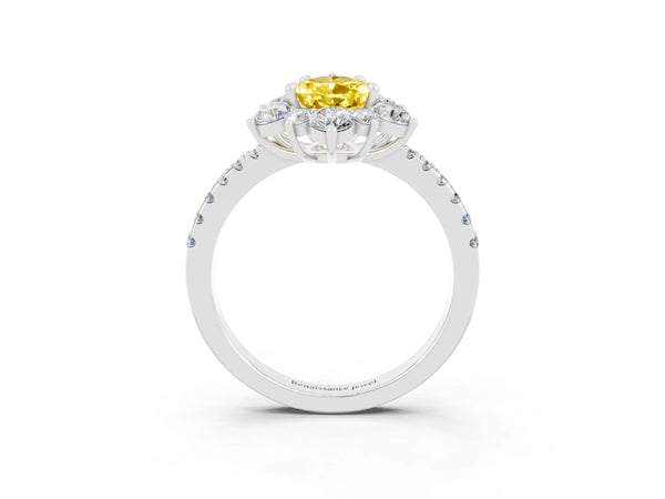 White gold Pear Cut Yellow Sapphire Floral Halo Ring with Round Pavé Band and Prong Setting