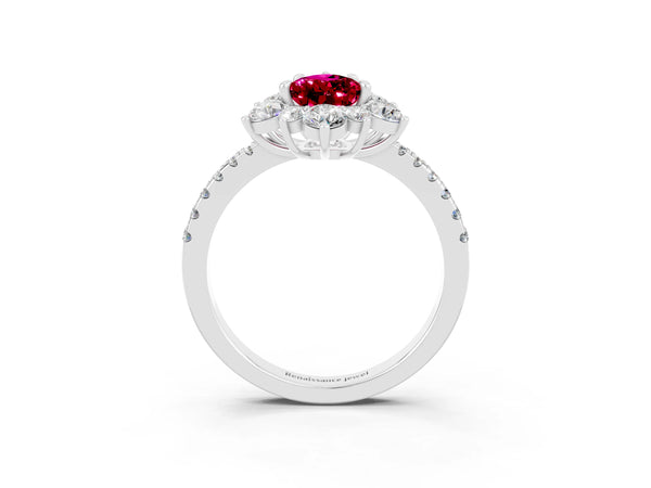 Silver Pear Cut Garnet Floral Halo Ring with Round Pavé Band and Prong Setting