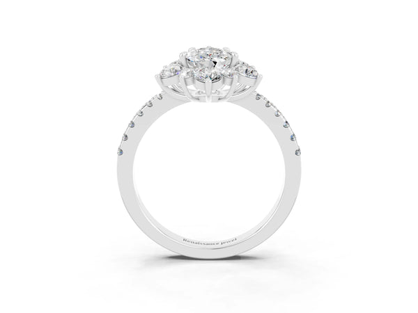 Silver Pear Cut Moissanite Floral Halo Ring with Round Pavé Band and Prong Setting