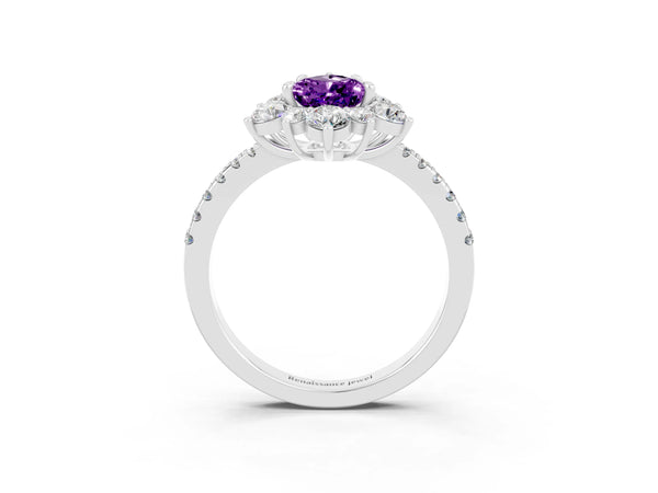 Silver Pear Cut Amethyst Floral Halo Ring with Round Pavé Band and Prong Setting