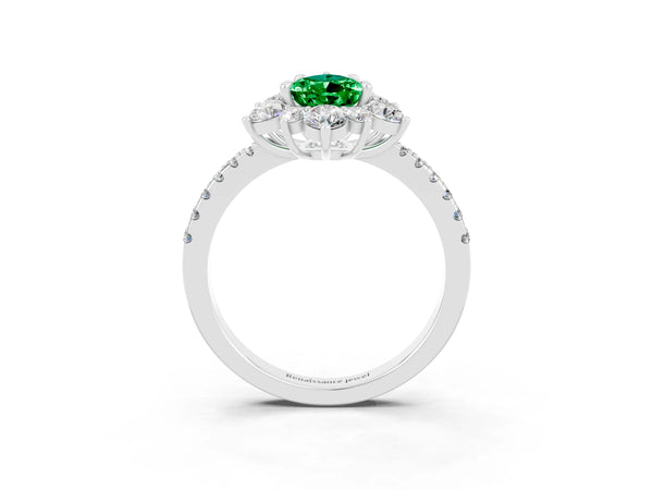 White gold Pear Cut Emerald Floral Halo Ring with Round Pavé Band and Prong Setting