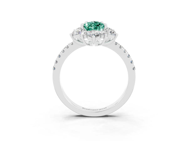 Platinum Pear Cut Green Sapphire Floral Halo Ring with Round Pavé Band and Prong Setting