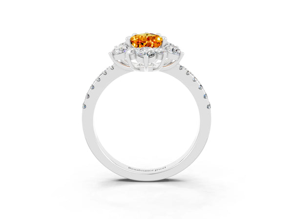 Silver Pear Cut Citrine Floral Halo Ring with Round Pavé Band and Prong Setting