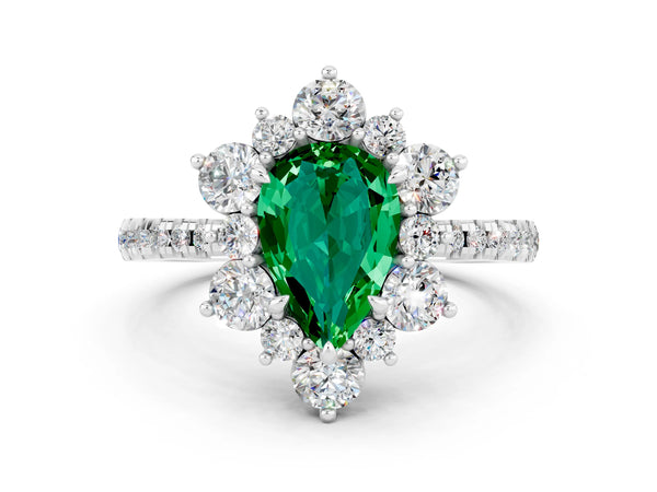 Silver Pear Cut Emerald Floral Halo Ring with Round Pavé Band and Prong Setting
