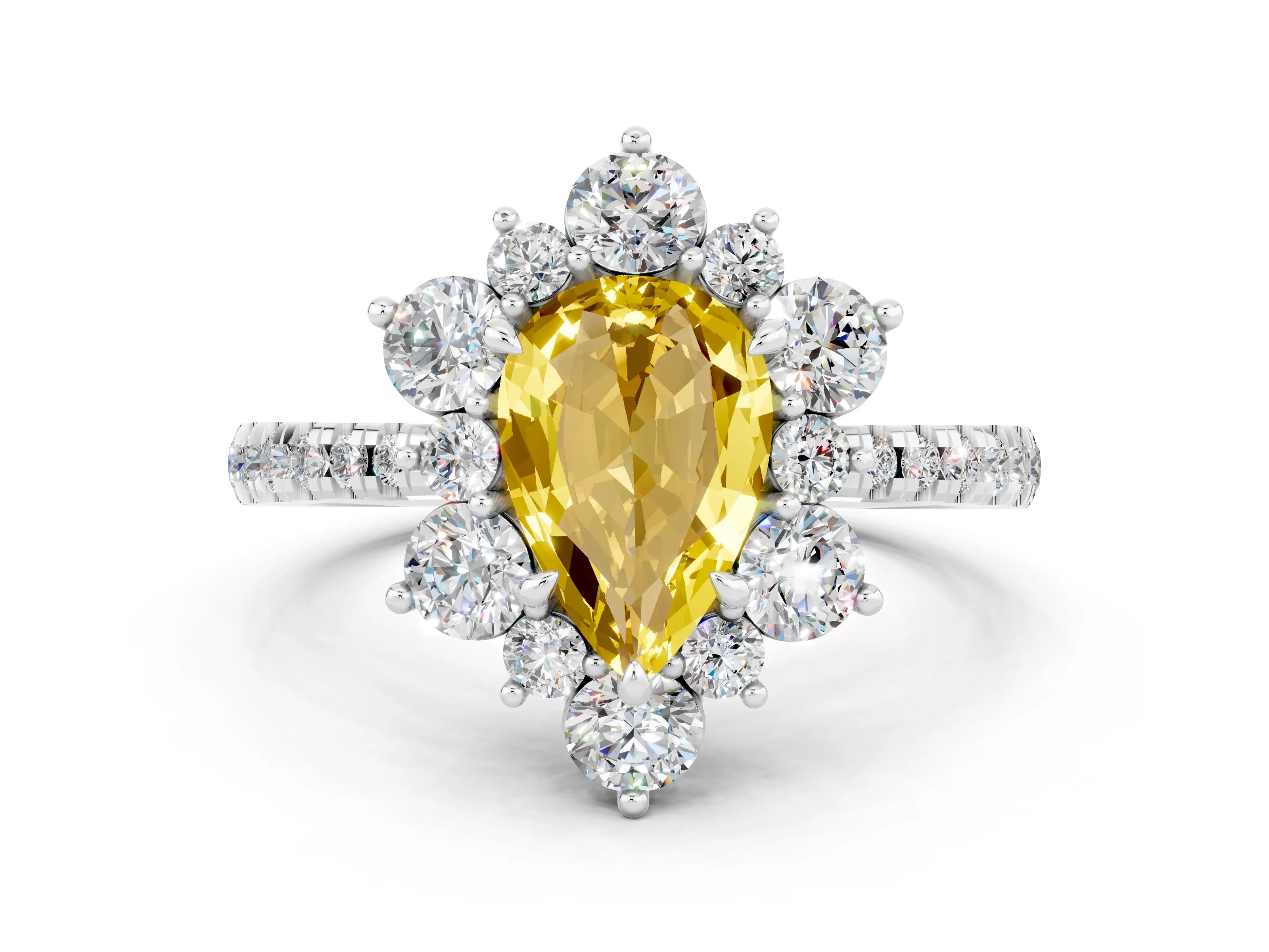 White gold Pear Cut Cut Diamond Floral Halo Pave Band with Prong Setting