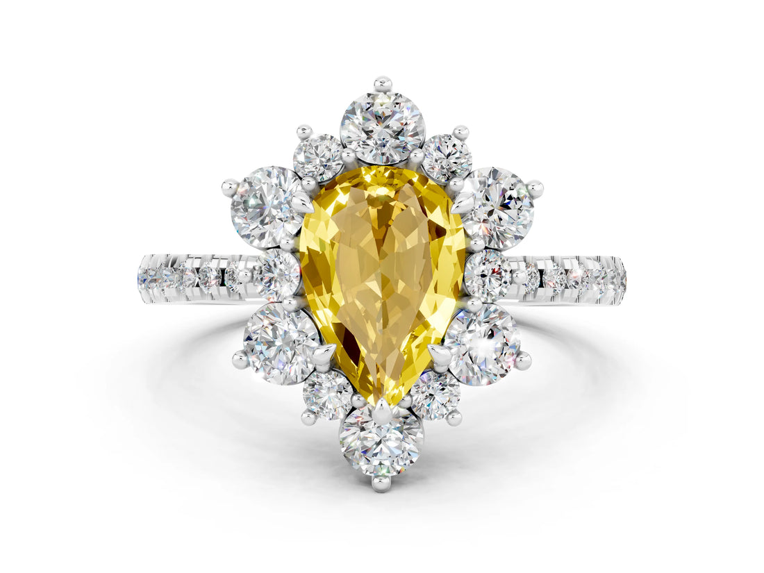 White gold Pear Cut Cut Diamond Floral Halo Pave Band with Prong Setting
