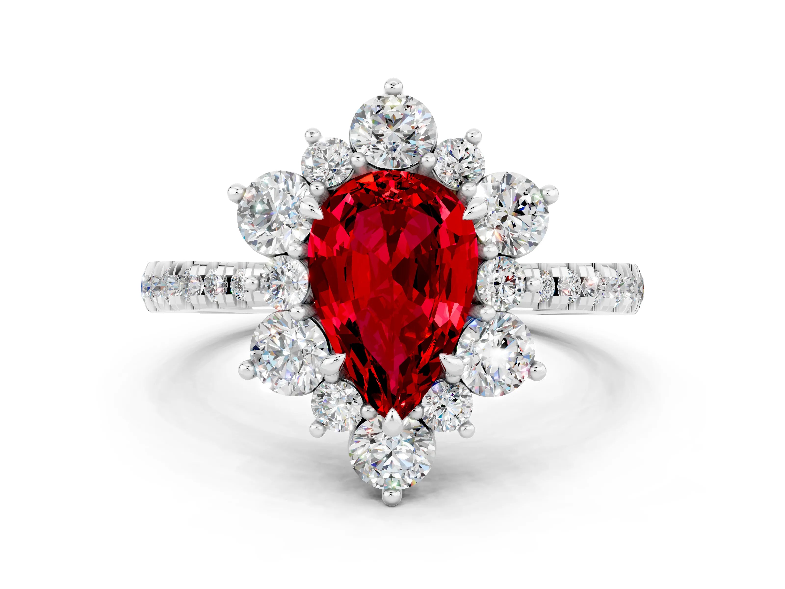 White gold Pear Cut Cut Diamond Floral Halo Pave Band with Prong Setting