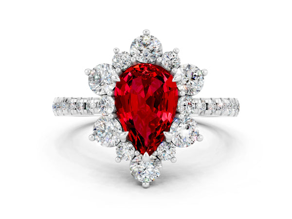 Silver Pear Cut Ruby Floral Halo Ring with Round Pavé Band and Prong Setting