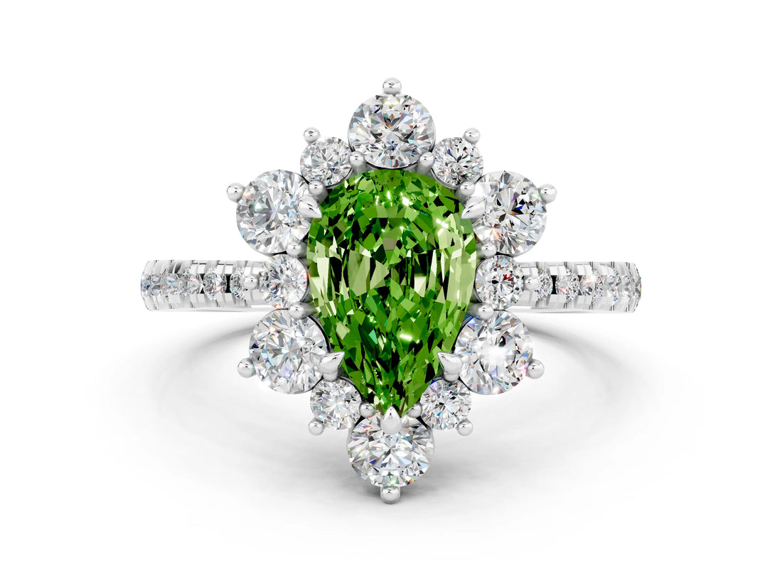 White gold Pear Cut Cut Diamond Floral Halo Pave Band with Prong Setting