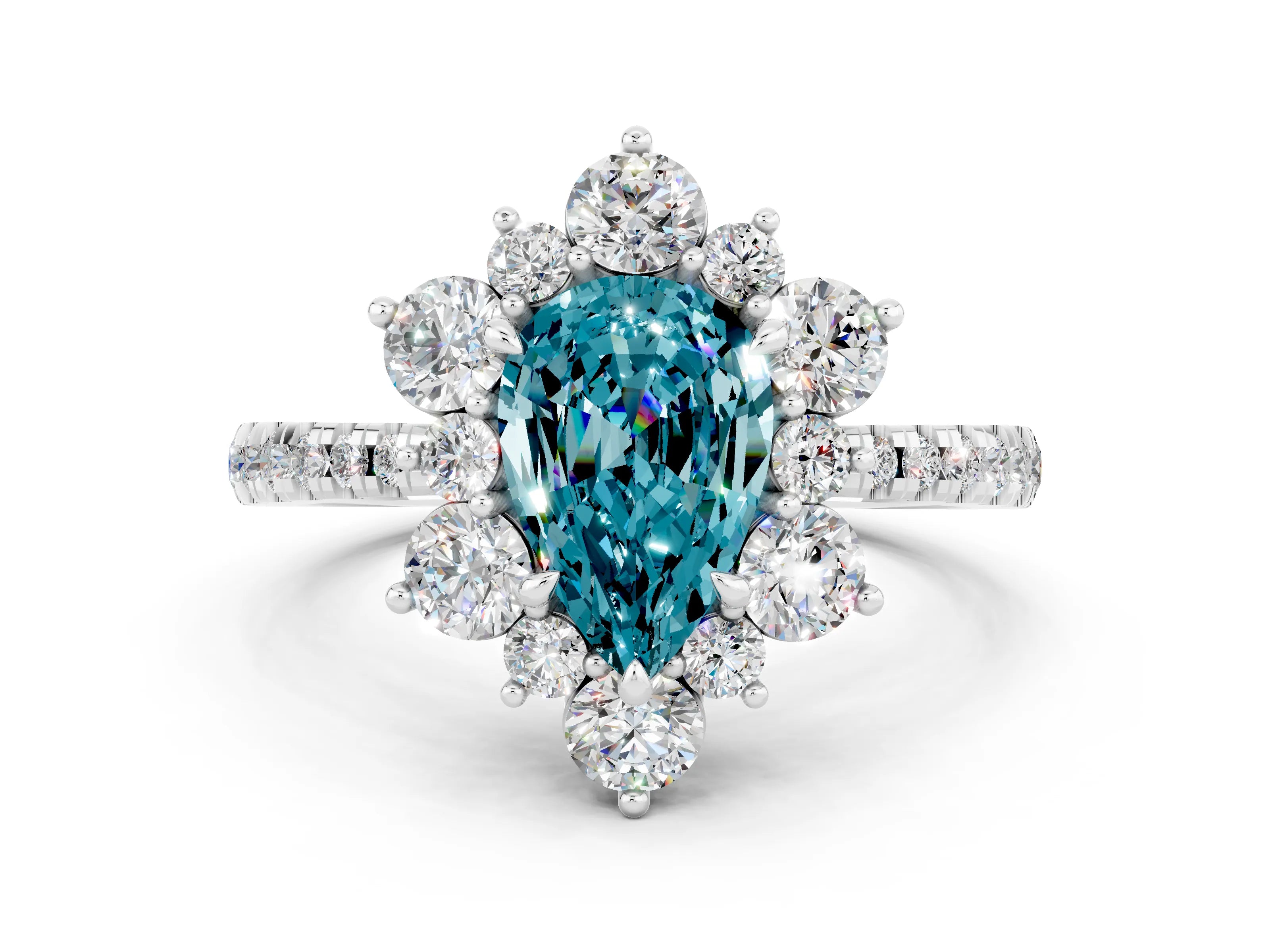 White gold Pear Cut Cut Diamond Floral Halo Pave Band with Prong Setting
