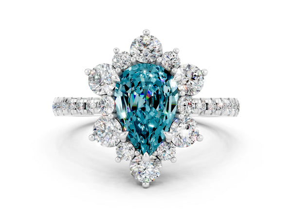 Silver Pear Cut Cut Diamond Floral Halo Pave Band with Prong Setting