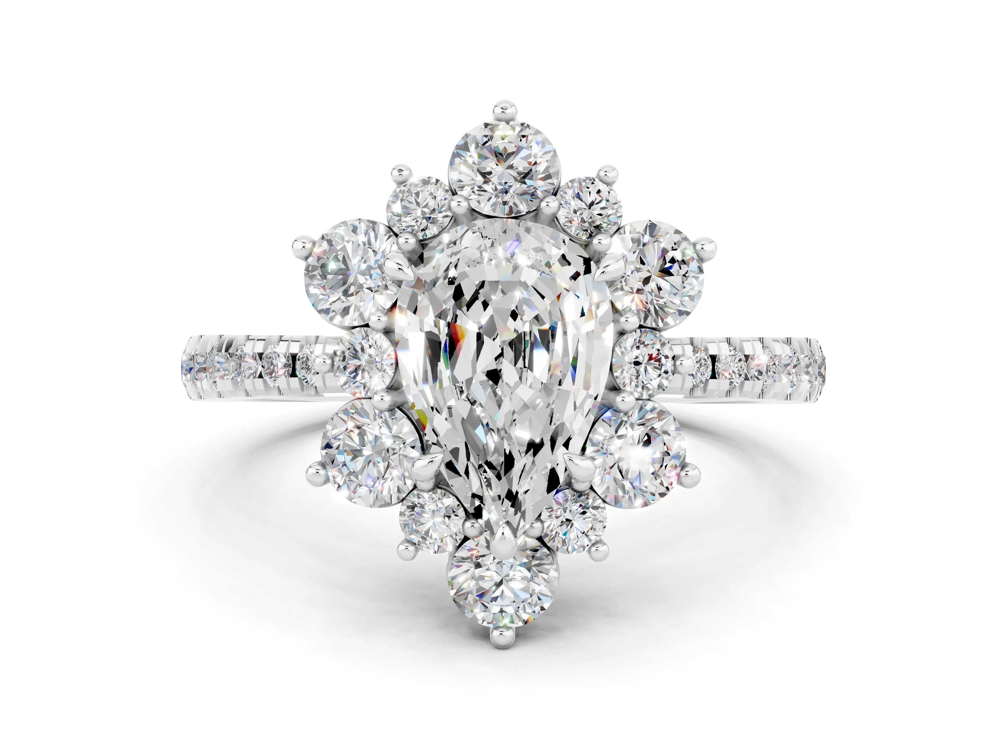White gold Pear Cut Cut Diamond Floral Halo Pave Band with Prong Setting