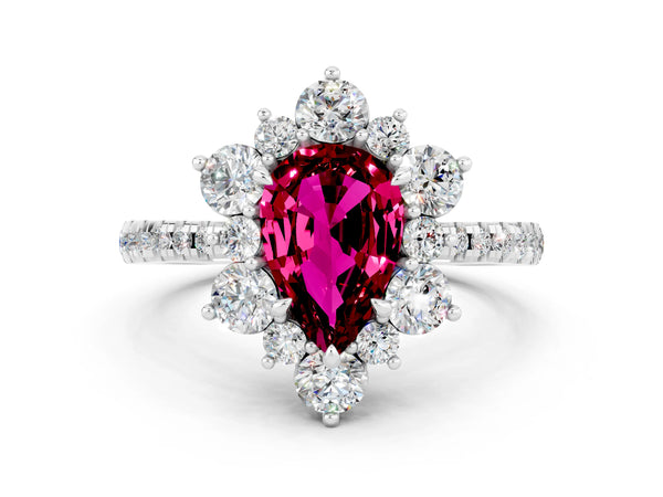 White gold Pear Cut Garnet Floral Halo Ring with Round Pavé Band and Prong Setting