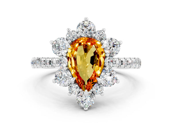White gold Pear Cut Citrine Floral Halo Ring with Round Pavé Band and Prong Setting