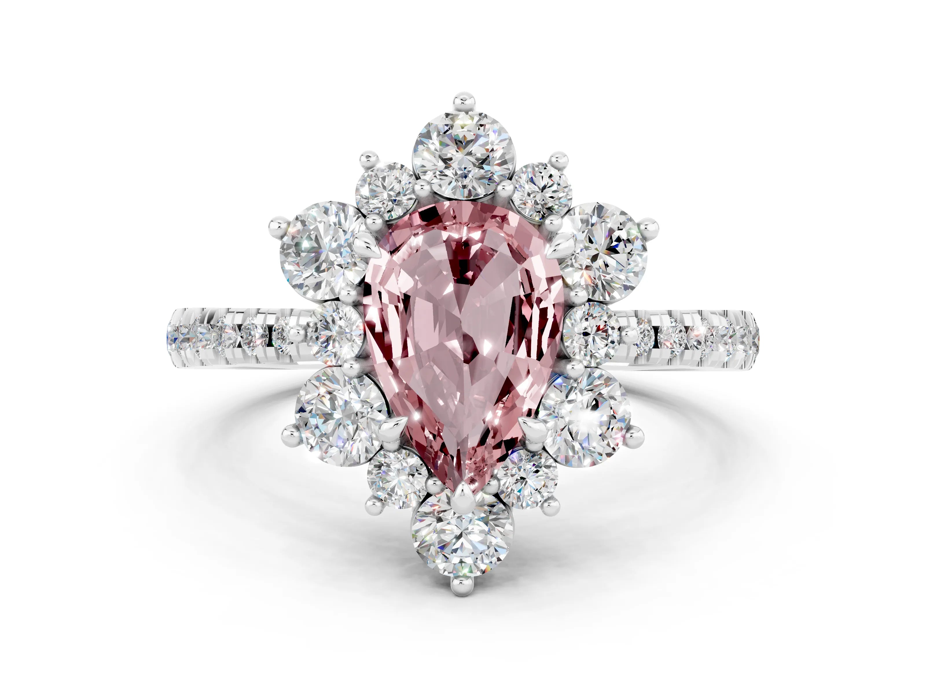 White gold Pear Cut Cut Diamond Floral Halo Pave Band with Prong Setting