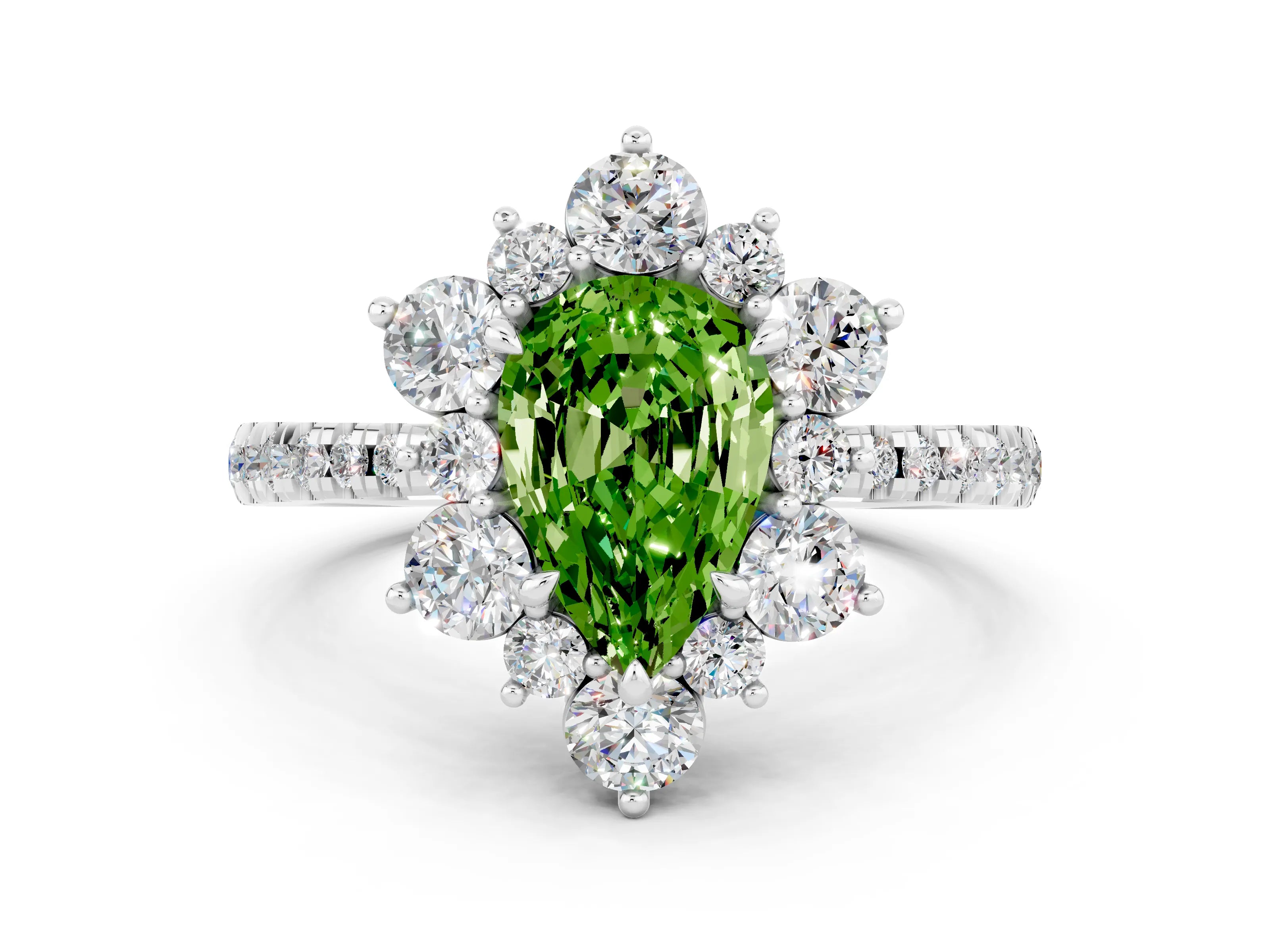 White gold Pear Cut Cut Diamond Floral Halo Pave Band with Prong Setting