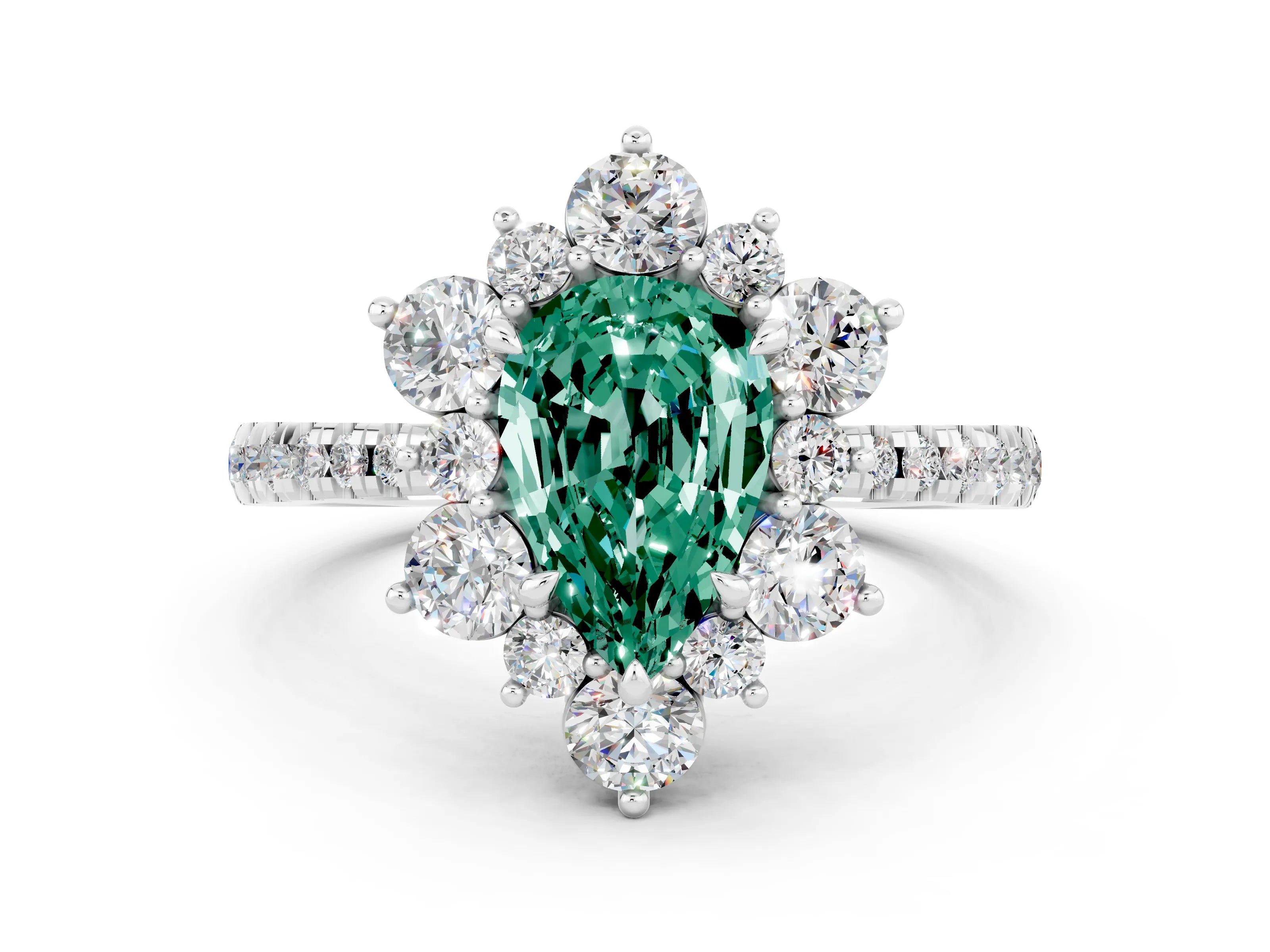 White gold Pear Cut Cut Diamond Floral Halo Pave Band with Prong Setting