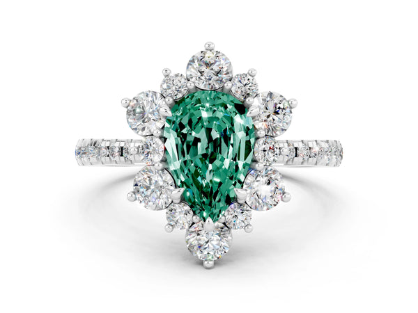 Platinum Pear Cut Green Sapphire Floral Halo Ring with Round Pavé Band and Prong Setting
