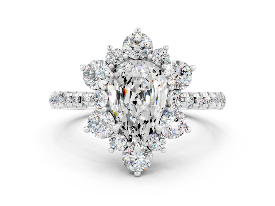 White gold Pear Cut Cut Diamond Floral Halo Pave Band with Prong Setting