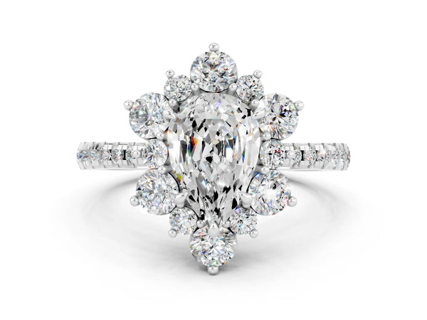 Silver Pear Cut Moissanite Floral Halo Ring with Round Pavé Band and Prong Setting