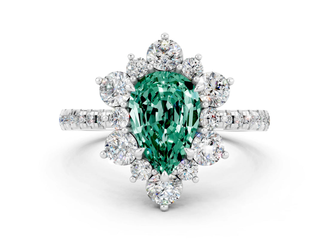 White gold Pear Cut Cut Diamond Floral Halo Pave Band with Prong Setting