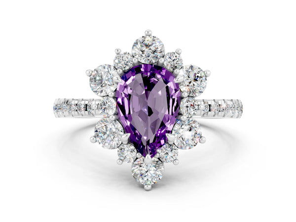 Silver Pear Cut Amethyst Floral Halo Ring with Round Pavé Band and Prong Setting