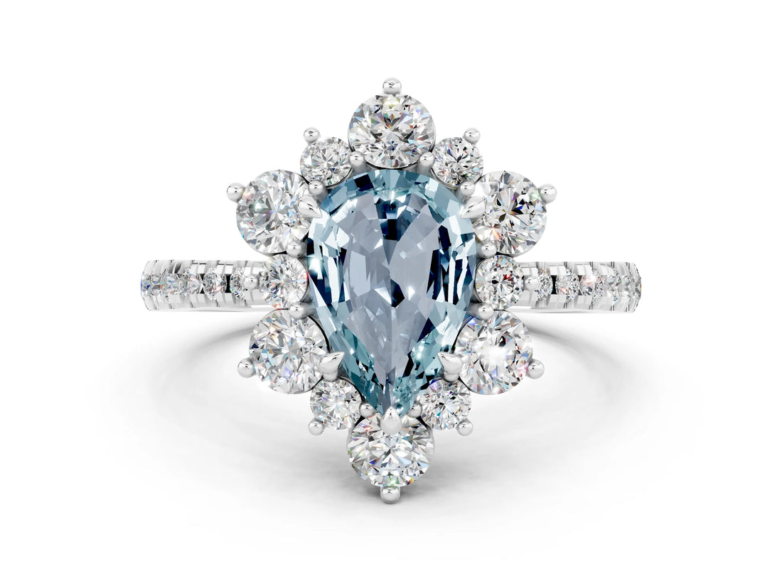 White gold Pear Cut Cut Diamond Floral Halo Pave Band with Prong Setting