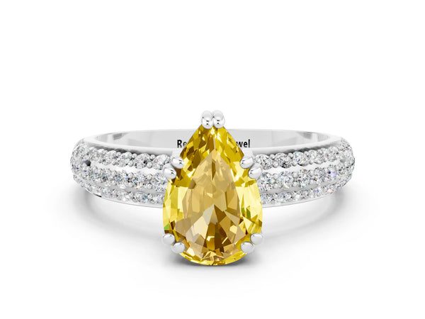 Silver Pear Cut Yellow Sapphire Vintage Milgrain Ring with Round  Stations