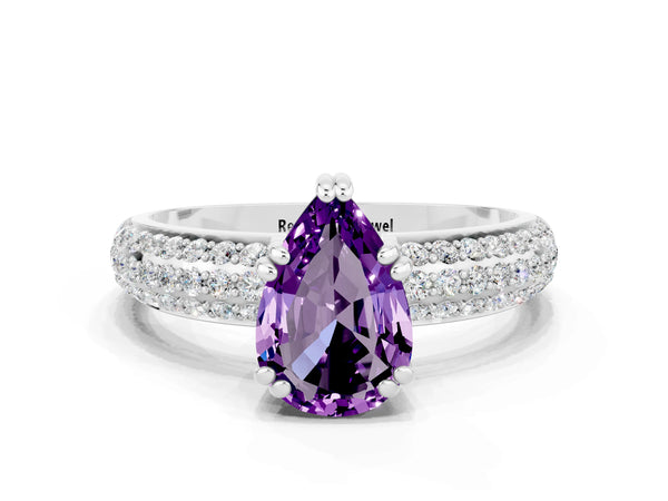 Silver Pear Cut Amethyst Vintage Milgrain Ring with Round  Stations