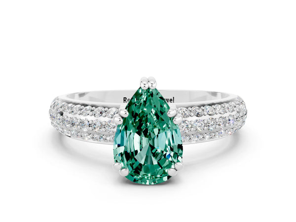 Platinum Pear Cut Green Sapphire Vintage Milgrain Ring with Round  Stations
